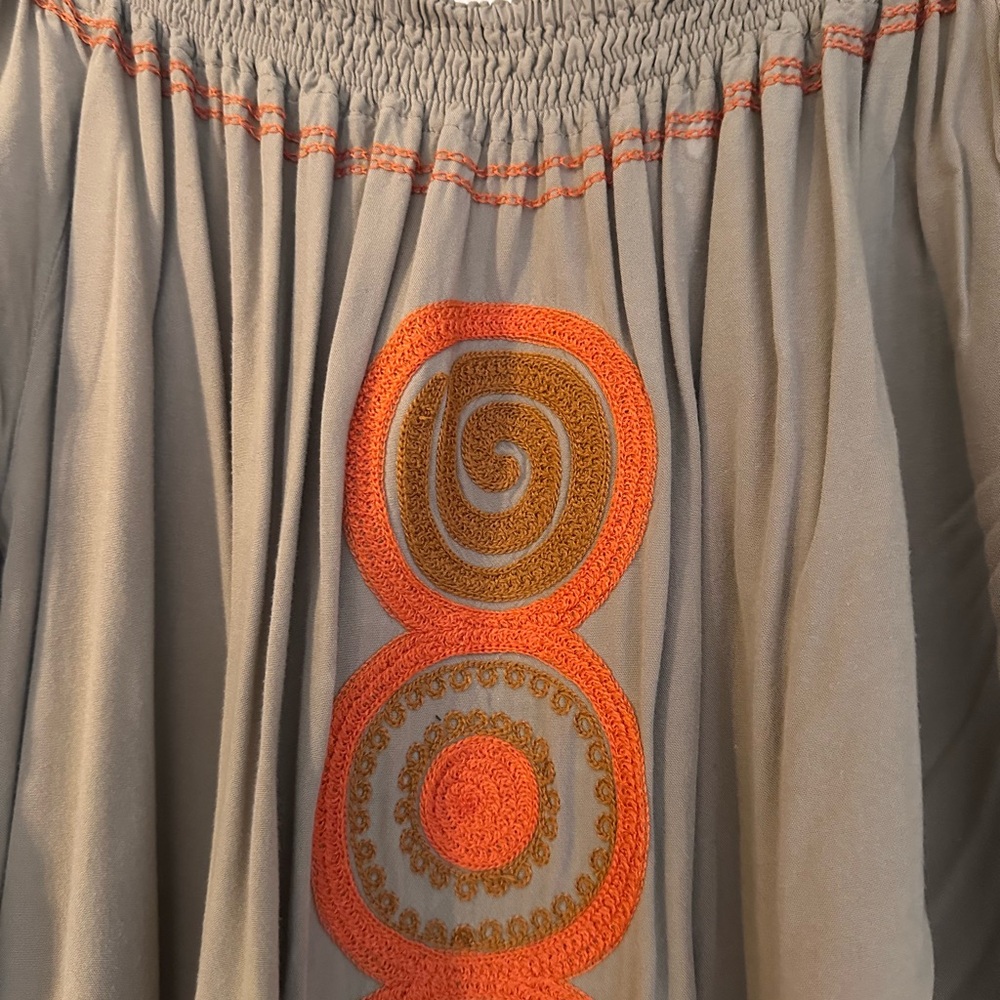 Boho Embroidered Peasant Dress - Taupe with Orange Accents - Picture 1 of 3